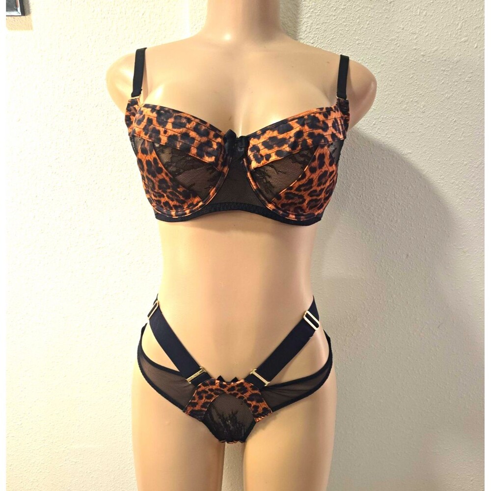 Honey Birdette Samara Leopard Semi-Sheer Mesh Underwired Bra Set 34DD